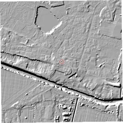 Shaded relief map of the ground around TA93FZ, computed from Environment Agency LiDAR. The ground here sits at about 7 m above sea level and falls 12 m across the surrounding 800 m. Surface water reaching this point runs off ground lying to the west-south-west, 2.6 m higher.