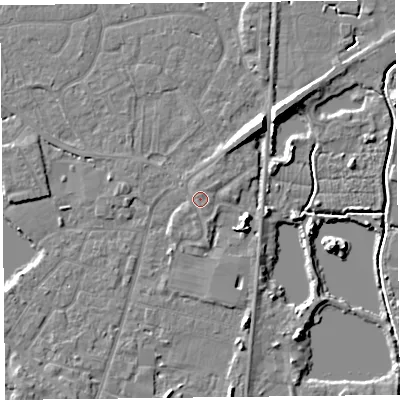 Shaded relief map of the ground around TA93GA, computed from Environment Agency LiDAR. The ground here sits at about 6 m above sea level and falls 8 m across the surrounding 800 m. Surface water reaching this point runs off ground lying to the south, 0.8 m higher.