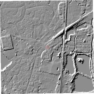 Shaded relief map of the ground around TA93GB, computed from Environment Agency LiDAR. The ground here sits at about 6 m above sea level and falls 8 m across the surrounding 800 m. Surface water reaching this point runs off ground lying to the south, 1.0 m higher.
