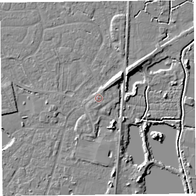 Shaded relief map of the ground around TA93GD, computed from Environment Agency LiDAR. The ground here sits at about 6 m above sea level and falls 8 m across the surrounding 800 m. Surface water reaching this point runs off ground lying to the north-east, 0.6 m higher.