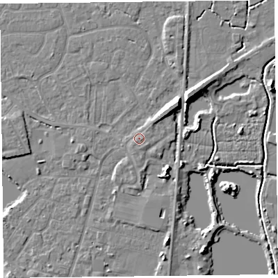 Shaded relief map of the ground around TA93GE, computed from Environment Agency LiDAR. The ground here sits at about 6 m above sea level and falls 8 m across the surrounding 800 m. Surface water reaching this point runs off ground lying to the north-east, 0.6 m higher.