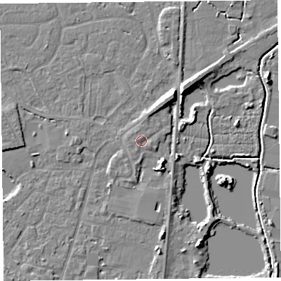 Shaded relief map of the ground around TA93GF, computed from Environment Agency LiDAR. The ground here sits at about 6 m above sea level and falls 8 m across the surrounding 800 m. Surface water reaching this point runs off ground lying to the north-north-east, 4.9 m higher.