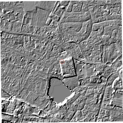 Shaded relief map of the ground around TA93GG, computed from Environment Agency LiDAR. The ground here sits at about 6 m above sea level and falls 5 m across the surrounding 800 m. Surface water reaching this point runs off ground lying to the east-south-east, 1.2 m higher.