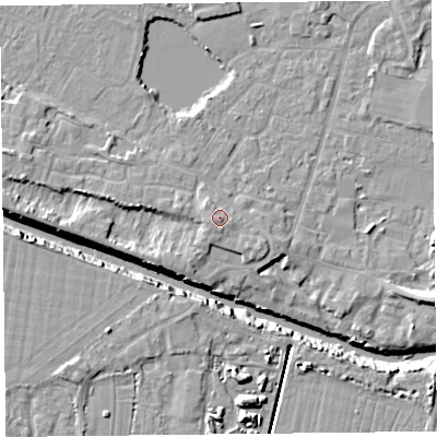 Shaded relief map of the ground around TA93GJ, computed from Environment Agency LiDAR. The ground here sits at about 8 m above sea level and falls 11 m across the surrounding 800 m. Surface water reaching this point runs off ground lying to the south-south-east, 0.7 m higher.