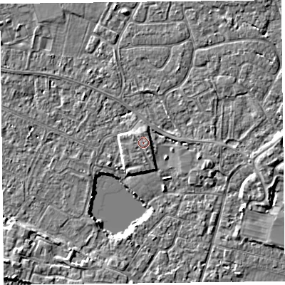 Shaded relief map of the ground around TA93GL, computed from Environment Agency LiDAR. The ground here sits at about 6 m above sea level and falls 5 m across the surrounding 800 m. The ground contributing surface water to this point lies to the east-south-east.
