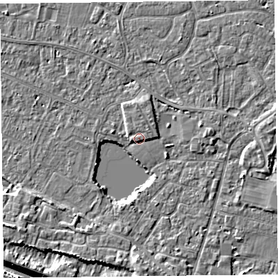 Shaded relief map of the ground around TA93GN, computed from Environment Agency LiDAR. The ground here sits at about 6 m above sea level and falls 9 m across the surrounding 800 m. Surface water reaching this point runs off ground lying to the south, 4.7 m higher.