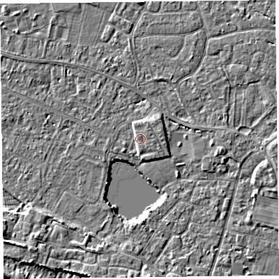 Shaded relief map of the ground around TA93GP, computed from Environment Agency LiDAR. The ground here sits at about 6 m above sea level and falls 5 m across the surrounding 800 m. Surface water reaching this point runs off ground lying to the south, 4.1 m higher.