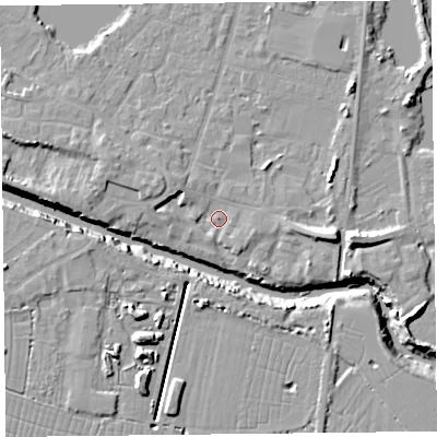 Shaded relief map of the ground around TA93GQ, computed from Environment Agency LiDAR. The ground here sits at about 5 m above sea level and falls 12 m across the surrounding 800 m. Surface water reaching this point runs off ground lying to the east, 7.2 m higher.