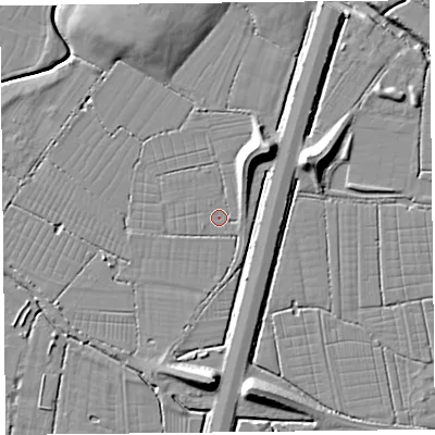 Shaded relief map of the ground around TA93GR, computed from Environment Agency LiDAR. The ground here sits at about 5 m above sea level and falls 13 m across the surrounding 800 m. Surface water reaching this point runs off ground lying to the north-north-east, 4.9 m higher.