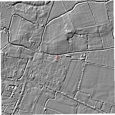 Shaded relief map of the ground around TA93GS, computed from Environment Agency LiDAR. The ground here sits at about 6 m above sea level and falls 4 m across the surrounding 800 m. Surface water reaching this point runs off ground lying to the west, 2.7 m higher.
