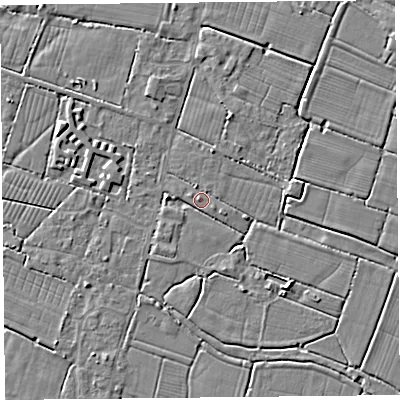 Shaded relief map of the ground around TA93GT, computed from Environment Agency LiDAR. The ground here sits at about 6 m above sea level and falls 4 m across the surrounding 800 m. Surface water reaching this point runs off ground lying to the west, 3.0 m higher.