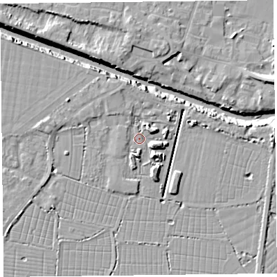 Shaded relief map of the ground around TA93GU, computed from Environment Agency LiDAR. The ground here sits at about 6 m above sea level and falls 11 m across the surrounding 800 m. Surface water reaching this point runs off ground lying to the east-south-east, 5.1 m higher.