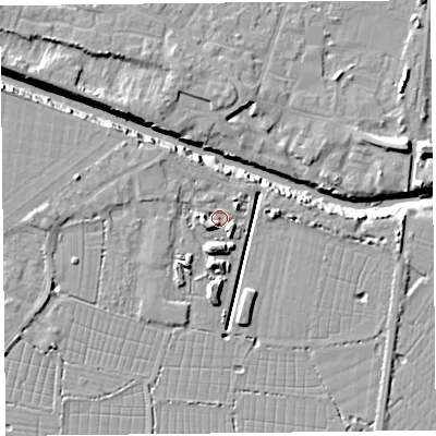 Shaded relief map of the ground around TA93GX, computed from Environment Agency LiDAR. The ground here sits at about 6 m above sea level and falls 12 m across the surrounding 800 m. Surface water reaching this point runs off ground lying to the north-east, 1.9 m higher.