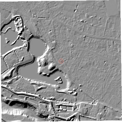 Shaded relief map of the ground around TA93HA, computed from Environment Agency LiDAR. The ground here sits at about 5 m above sea level and falls 11 m across the surrounding 800 m. Surface water reaching this point runs off ground lying to the west-south-west, 0.8 m higher.