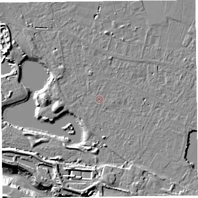 Shaded relief map of the ground around TA93HB, computed from Environment Agency LiDAR. The ground here sits at about 5 m above sea level and falls 11 m across the surrounding 800 m. Surface water reaching this point runs off ground lying to the east-south-east, 0.6 m higher.