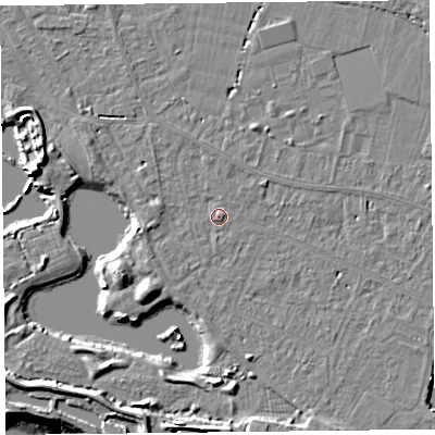 Shaded relief map of the ground around TA93HD, computed from Environment Agency LiDAR. The ground here sits at about 6 m above sea level and falls 11 m across the surrounding 800 m. Surface water reaching this point runs off ground lying to the north-east, 1.0 m higher.