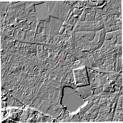 Shaded relief map of the ground around TA93HF, computed from Environment Agency LiDAR. The ground here sits at about 5 m above sea level and falls 6 m across the surrounding 800 m. Surface water reaching this point runs off ground lying to the east-south-east, 2.2 m higher.
