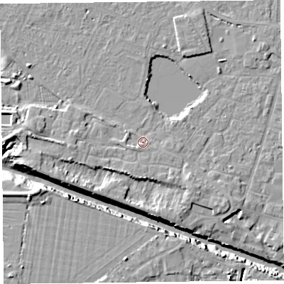 Shaded relief map of the ground around TA93HJ, computed from Environment Agency LiDAR. The ground here sits at about 6 m above sea level and falls 10 m across the surrounding 800 m. Surface water reaching this point runs off ground lying to the west-south-west, 1.5 m higher.