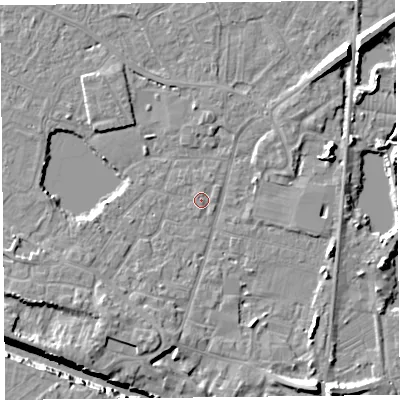 Shaded relief map of the ground around TA93HL, computed from Environment Agency LiDAR. The ground here sits at about 5 m above sea level and falls 12 m across the surrounding 800 m. Surface water reaching this point runs off ground lying to the north-east, 0.8 m higher.