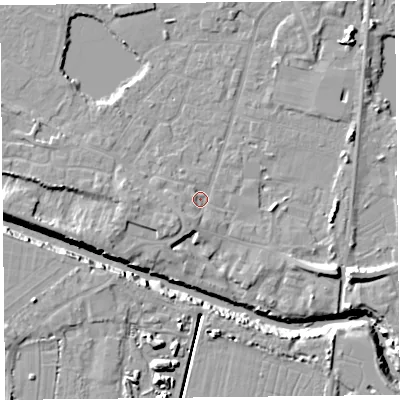 Shaded relief map of the ground around TA93HN, computed from Environment Agency LiDAR. The ground here sits at about 6 m above sea level and falls 12 m across the surrounding 800 m. Surface water reaching this point runs off ground lying to the south-south-west, 1.9 m higher.