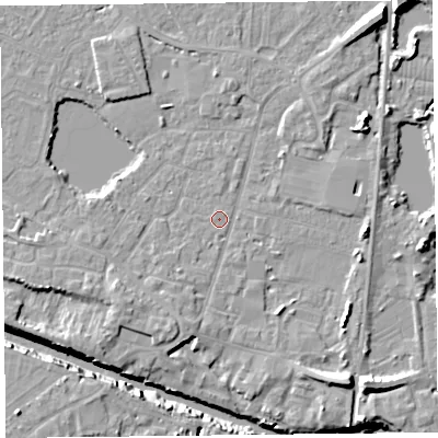 Shaded relief map of the ground around TA93HP, computed from Environment Agency LiDAR. The ground here sits at about 5 m above sea level and falls 12 m across the surrounding 800 m. Surface water reaching this point runs off ground lying to the south-south-west, 2.4 m higher.