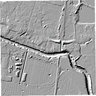 Shaded relief map of the ground around TA93HQ, computed from Environment Agency LiDAR. The ground here sits at about 5 m above sea level and falls 12 m across the surrounding 800 m. Surface water reaching this point runs off ground lying to the north-north-east, 2.9 m higher.
