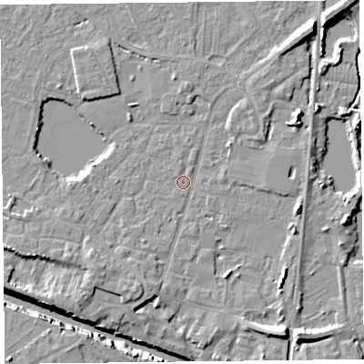 Shaded relief map of the ground around TA93HR, computed from Environment Agency LiDAR. The ground here sits at about 5 m above sea level and falls 12 m across the surrounding 800 m. Surface water reaching this point runs off ground lying to the south-south-west, 2.4 m higher.