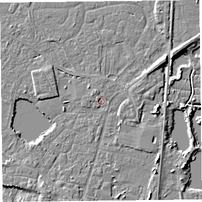 Shaded relief map of the ground around TA93HS, computed from Environment Agency LiDAR. The ground here sits at about 5 m above sea level and falls 8 m across the surrounding 800 m. Surface water reaching this point runs off ground lying to the north-north-west, 1.6 m higher.