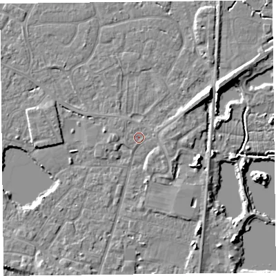 Shaded relief map of the ground around TA93HT, computed from Environment Agency LiDAR. The ground here sits at about 6 m above sea level and falls 8 m across the surrounding 800 m. Surface water reaching this point runs off ground lying to the south-east, 1.2 m higher.