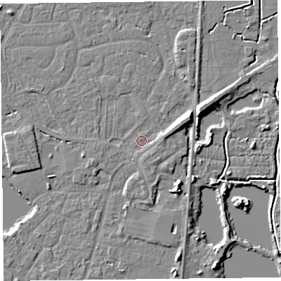 Shaded relief map of the ground around TA93HU, computed from Environment Agency LiDAR. The ground here sits at about 5 m above sea level and falls 8 m across the surrounding 800 m. Surface water reaching this point runs off ground lying to the east, 2.0 m higher.