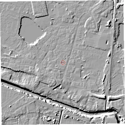 Shaded relief map of the ground around TA93HW, computed from Environment Agency LiDAR. The ground here sits at about 5 m above sea level and falls 12 m across the surrounding 800 m. Surface water reaching this point runs off ground lying to the west-south-west, 1.2 m higher.