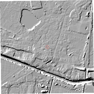 Shaded relief map of the ground around TA93HX, computed from Environment Agency LiDAR. The ground here sits at about 6 m above sea level and falls 12 m across the surrounding 800 m. Surface water reaching this point runs off ground lying to the south, 1.0 m higher.