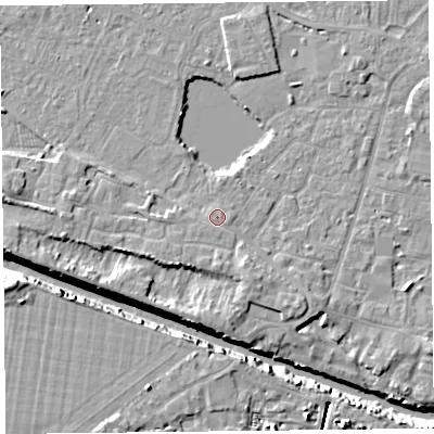 Shaded relief map of the ground around TA93HZ, computed from Environment Agency LiDAR. The ground here sits at about 6 m above sea level and falls 10 m across the surrounding 800 m. Surface water reaching this point runs off ground lying to the east-south-east, 0.6 m higher.