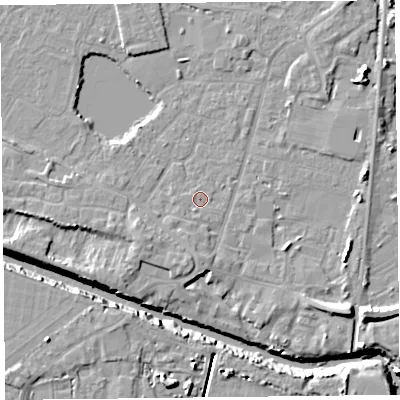 Shaded relief map of the ground around TA93JB, computed from Environment Agency LiDAR. The ground here sits at about 6 m above sea level and falls 12 m across the surrounding 800 m. Surface water reaching this point runs off ground lying to the south-south-west, 1.2 m higher.