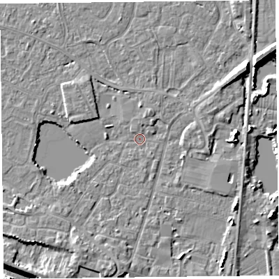 Shaded relief map of the ground around TA93JD, computed from Environment Agency LiDAR. The ground here sits at about 5 m above sea level and falls 12 m across the surrounding 800 m. Surface water reaching this point runs off ground lying to the south-south-west, 4.7 m higher.