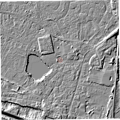 Shaded relief map of the ground around TA93JE, computed from Environment Agency LiDAR. The ground here sits at about 5 m above sea level and falls 12 m across the surrounding 800 m. Surface water reaching this point runs off ground lying to the south-south-west, 4.7 m higher.