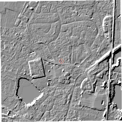 Shaded relief map of the ground around TA93JF, computed from Environment Agency LiDAR. The ground here sits at about 5 m above sea level and falls 8 m across the surrounding 800 m. Surface water reaching this point runs off ground lying to the east-north-east, 0.6 m higher.