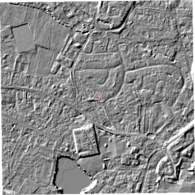 Shaded relief map of the ground around TA93JG, computed from Environment Agency LiDAR. The ground here sits at about 6 m above sea level and falls 6 m across the surrounding 800 m. Surface water reaching this point runs off ground lying to the west-south-west, 0.9 m higher.