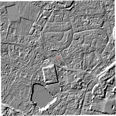 Shaded relief map of the ground around TA93JH, computed from Environment Agency LiDAR. The ground here sits at about 5 m above sea level and falls 7 m across the surrounding 800 m. Surface water reaching this point runs off ground lying to the north-north-west, 1.0 m higher.