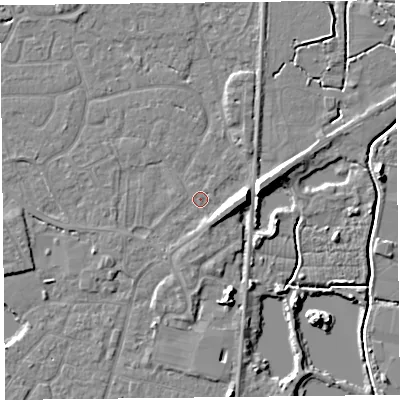 Shaded relief map of the ground around TA93JJ, computed from Environment Agency LiDAR. The ground here sits at about 6 m above sea level and falls 8 m across the surrounding 800 m. Surface water reaching this point runs off ground lying to the east, 6.0 m higher.