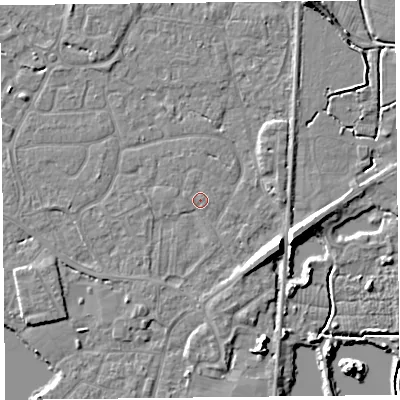 Shaded relief map of the ground around TA93JL, computed from Environment Agency LiDAR. The ground here sits at about 6 m above sea level and falls 8 m across the surrounding 800 m. Surface water reaching this point runs off ground lying to the south-south-east, 2.2 m higher.