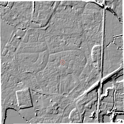 Shaded relief map of the ground around TA93JP, computed from Environment Agency LiDAR. The ground here sits at about 6 m above sea level and falls 8 m across the surrounding 800 m. Surface water reaching this point runs off ground lying to the south-west, 0.6 m higher.