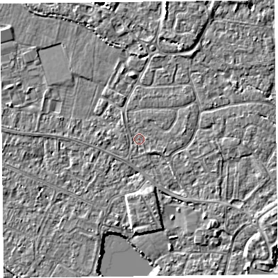 Shaded relief map of the ground around TA93JQ, computed from Environment Agency LiDAR. The ground here sits at about 5 m above sea level and falls 4 m across the surrounding 800 m. Surface water reaching this point runs off ground lying to the south-east, 1.0 m higher.