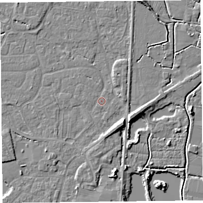 Shaded relief map of the ground around TA93JR, computed from Environment Agency LiDAR. The ground here sits at about 6 m above sea level and falls 8 m across the surrounding 800 m. Surface water reaching this point runs off ground lying to the south, 2.2 m higher.