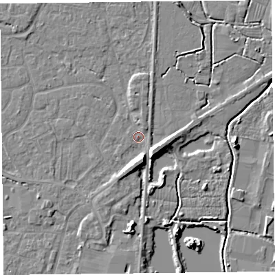 Shaded relief map of the ground around TA93JS, computed from Environment Agency LiDAR. The ground here sits at about 6 m above sea level and falls 8 m across the surrounding 800 m. Surface water reaching this point runs off ground lying to the south-south-east, 6.9 m higher.