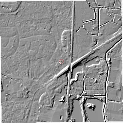 Shaded relief map of the ground around TA93JT, computed from Environment Agency LiDAR. The ground here sits at about 6 m above sea level and falls 8 m across the surrounding 800 m. Surface water reaching this point runs off ground lying to the south-east, 6.9 m higher.