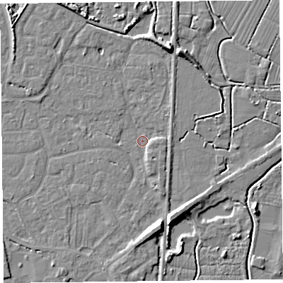 Shaded relief map of the ground around TA93JU, computed from Environment Agency LiDAR. The ground here sits at about 5 m above sea level and falls 8 m across the surrounding 800 m. Surface water reaching this point runs off ground lying to the south-south-east, 6.6 m higher.