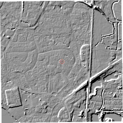 Shaded relief map of the ground around TA93JW, computed from Environment Agency LiDAR. The ground here sits at about 6 m above sea level and falls 8 m across the surrounding 800 m. The ground contributing surface water to this point lies to the north-north-west.
