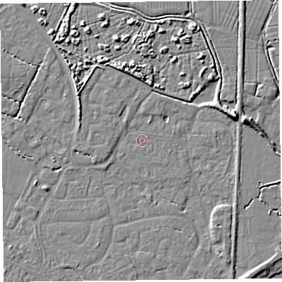 Shaded relief map of the ground around TA93JX, computed from Environment Agency LiDAR. The ground here sits at about 5 m above sea level and falls 7 m across the surrounding 800 m. Surface water reaching this point runs off ground lying to the north-north-east, 1.7 m higher.