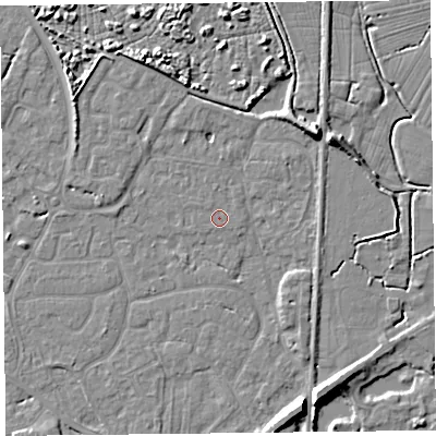 Shaded relief map of the ground around TA93JZ, computed from Environment Agency LiDAR. The ground here sits at about 5 m above sea level and falls 8 m across the surrounding 800 m. The ground contributing surface water to this point lies to the west-north-west.